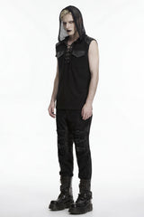 mens black tank top with lightweight hood matched with classic front lace-up details