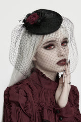 womens black and red veil hat