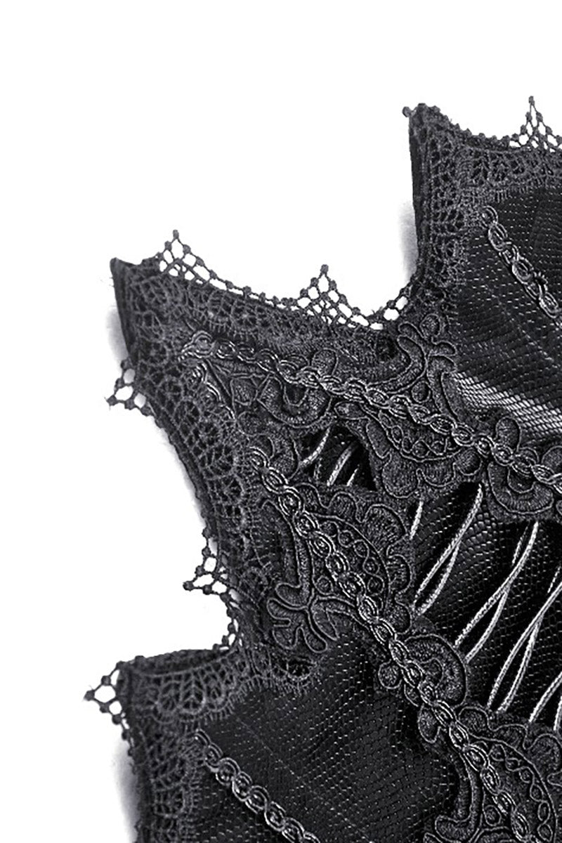 black embroidered lace corset with tattered hem