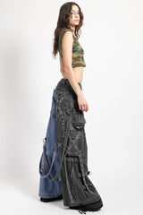 Tripp NYC X-Strap Split Denim Pants [BLACK DENIM/INDIGO BLUE]