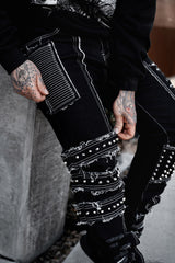 mens shredded punk studded straight-leg  patch pants