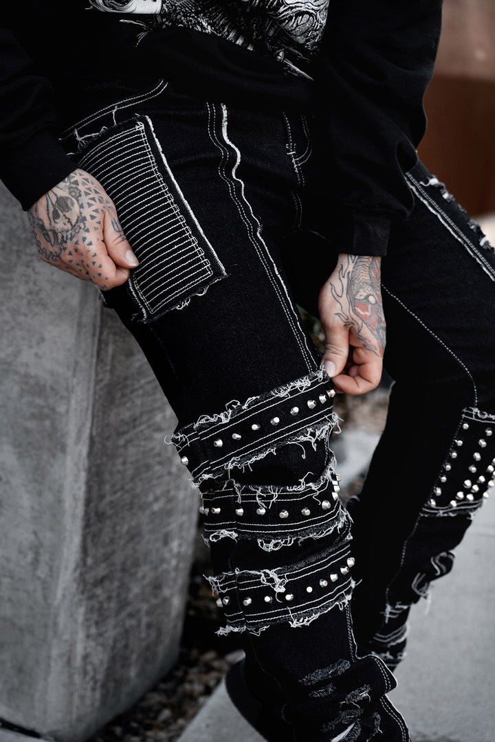 mens shredded punk studded straight-leg  patch pants