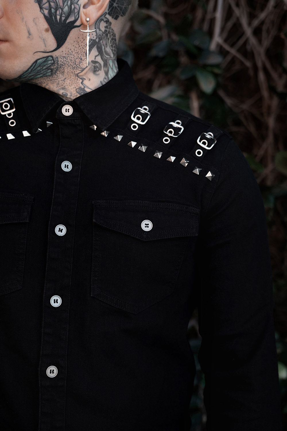 plus size mens pyramid studded long sleeve punk button-down shirt