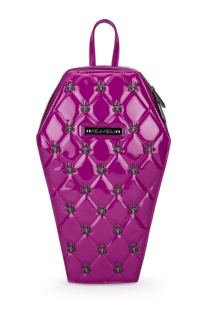 A glossy magenta coffin-shaped handbag with quilted diamond patterns and small black spider embellishments, shown on a plain white background.