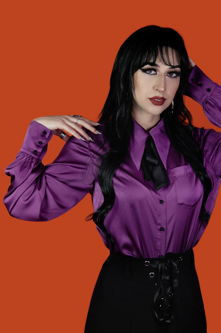 womens witchy purple button down blouse