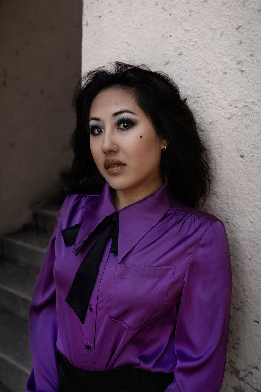 long sleeve pointed collar purple collared shirt by lively ghosts 