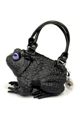 black frog tad shaped handbag with detachable shoulder strap by windy willow