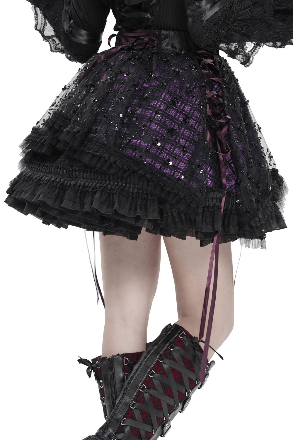 laced up purple and black plaid mini skirt
