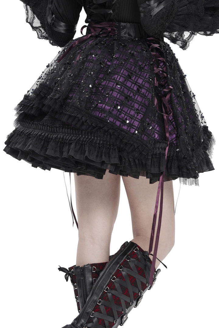 laced up purple and black plaid mini skirt