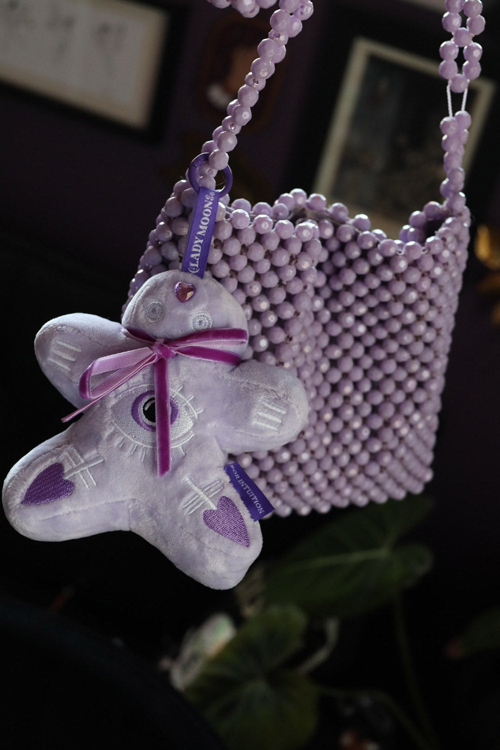 lavender creepy cute embroidered monster keychain