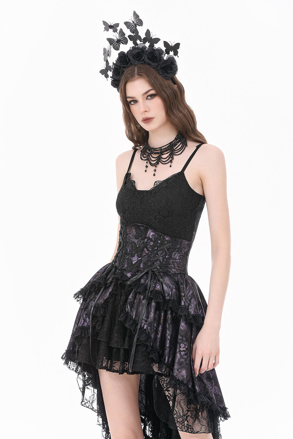 Lace and ribbon purple black goth womens skirt