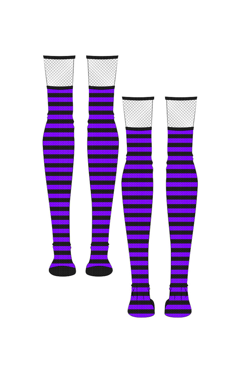 Fishnet Garter Thigh High Socks [Black/Purple]