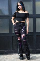 black flare denim pants for women with pockets, belt loops, zipper and button closure