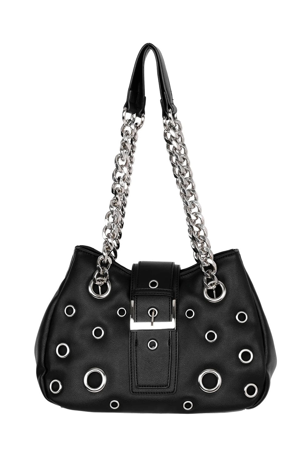  black gothic handbag showing adjustable snap closures for a cinched silhouette and versatile grunge styling
