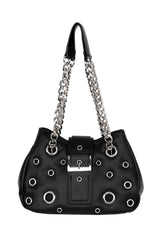  black gothic handbag showing adjustable snap closures for a cinched silhouette and versatile grunge styling