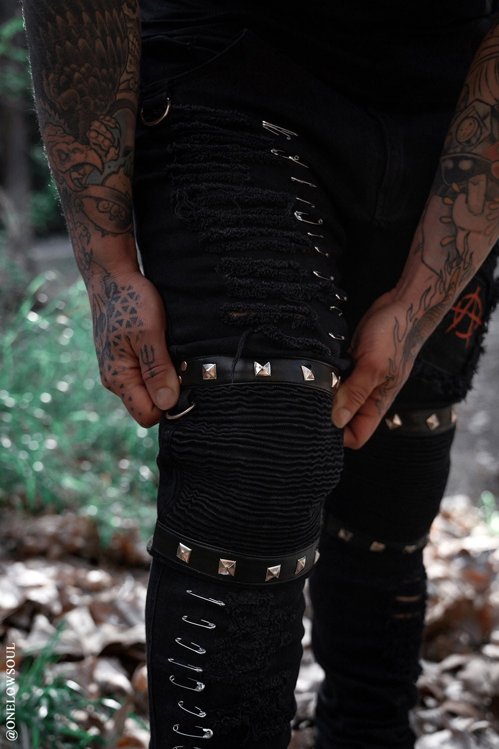 mens d-ring vegan leather studded punk jeans