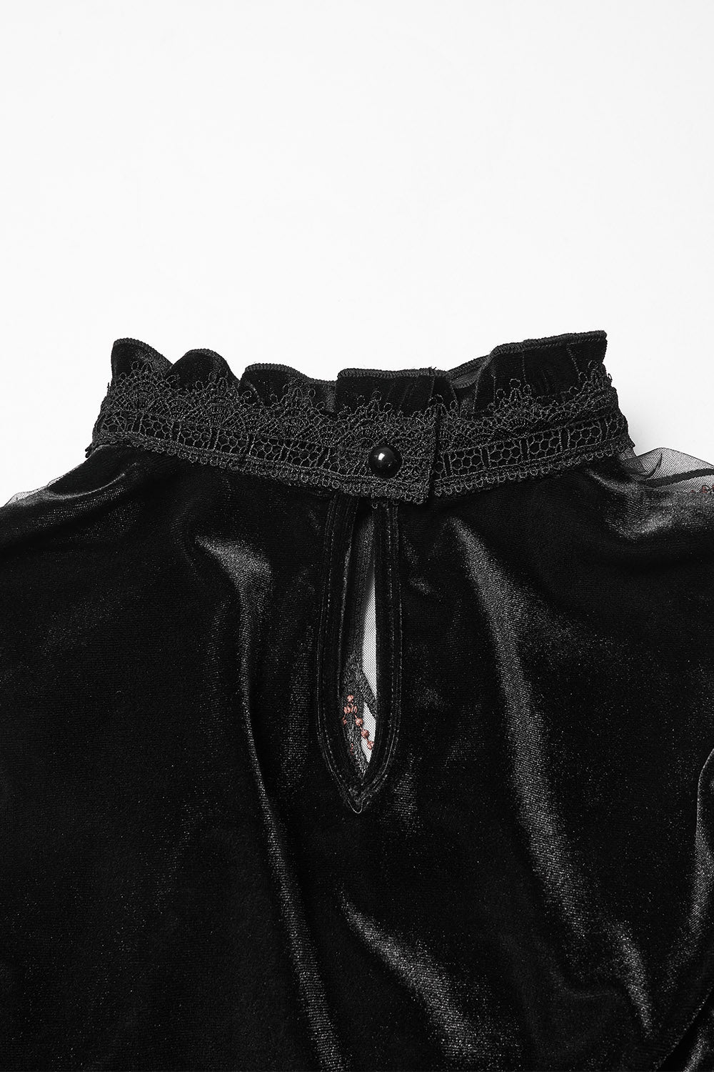 ruffled collar flared long sleeve black velvet top