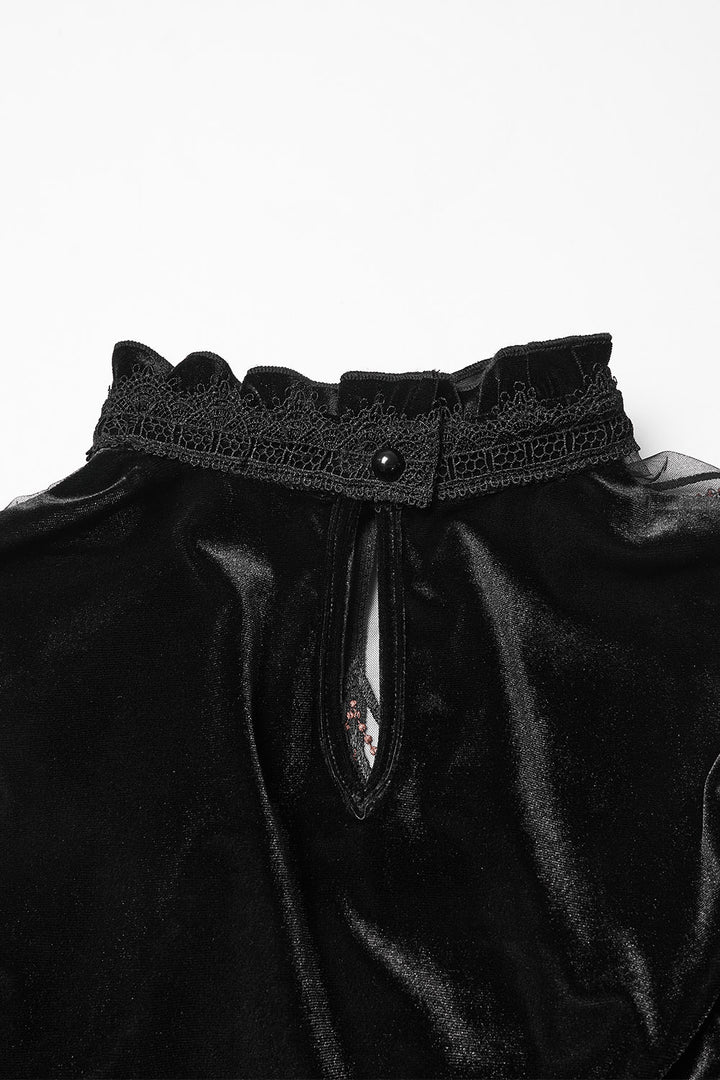 ruffled collar flared long sleeve black velvet top