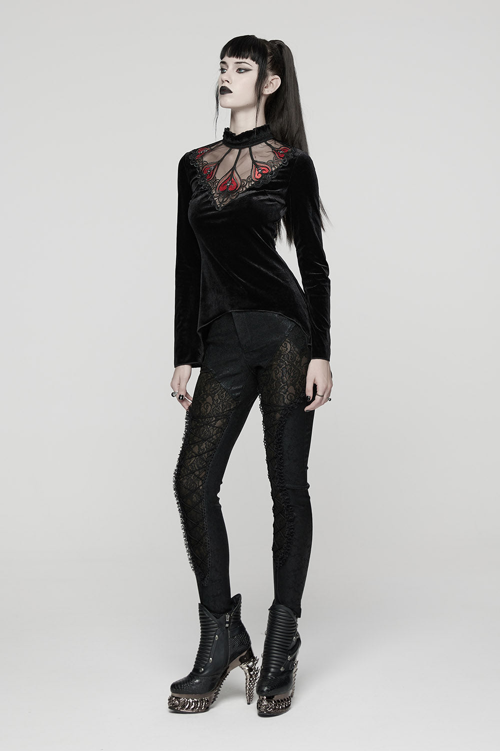 flared long sleeve black velvet top with embroidered hearts