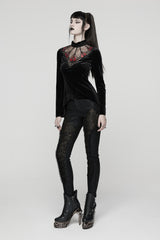 flared long sleeve black velvet top with embroidered hearts