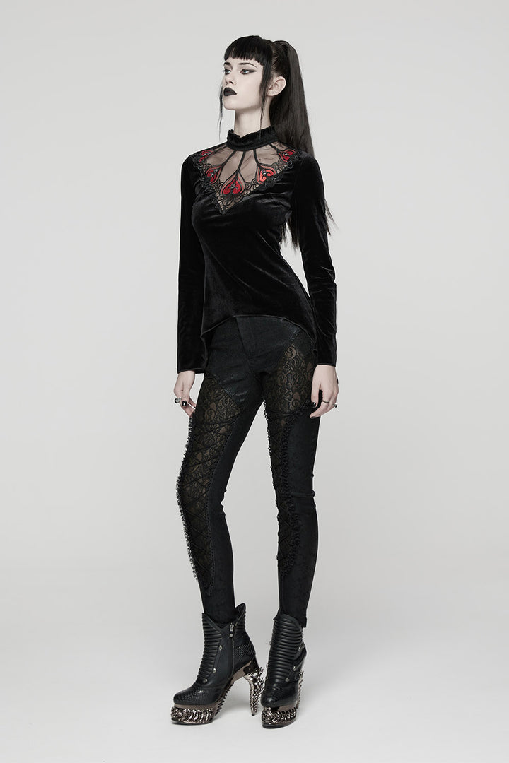 flared long sleeve black velvet top with embroidered hearts