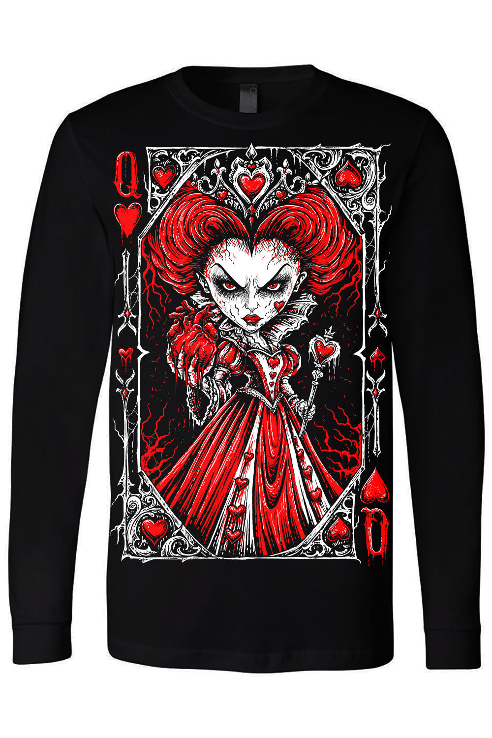 goth queen of hearts graphic long sleeve shirt with red black and white horror artwork