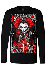 goth queen of hearts graphic long sleeve shirt with red black and white horror artwork