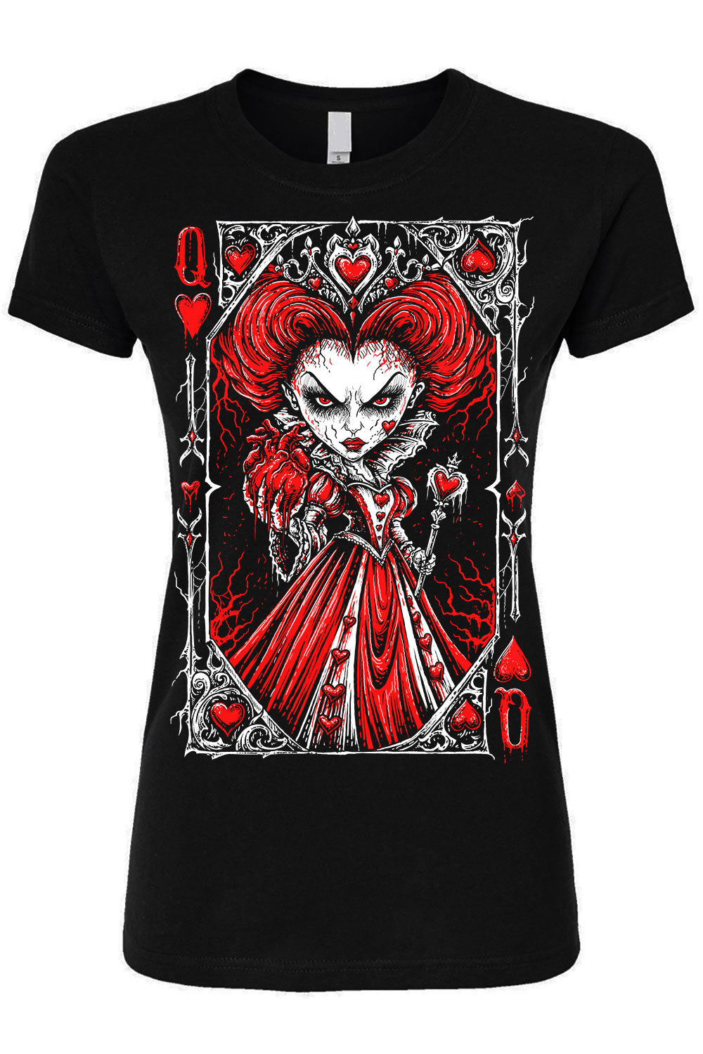 womens black goth queen of hearts graphic t shirt with dark fantasy playing card artwork