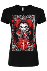 womens black goth queen of hearts graphic t shirt with dark fantasy playing card artwork