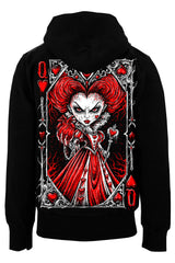 VampireFreaks black goth zipper hoodie with creepy queen of hearts graphic red hair and dark horror playing card artwork