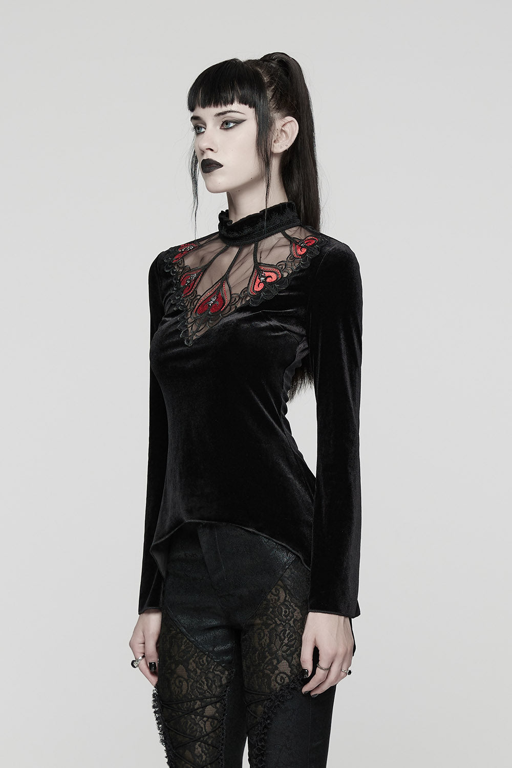 black mesh flared long sleeve black velvet top