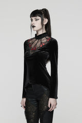 black mesh flared long sleeve black velvet top
