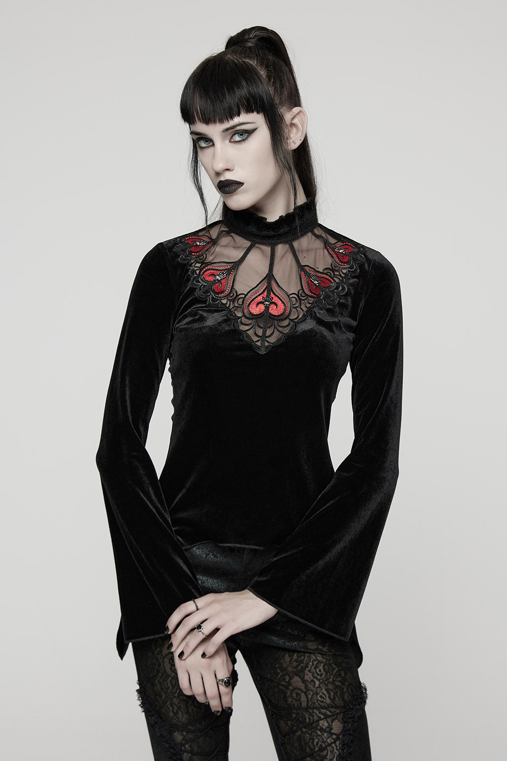 flared long sleeve black velvet top