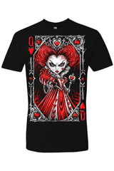 mens black gothic queen of hearts graphic t shirt with creepy red haired queen artwork