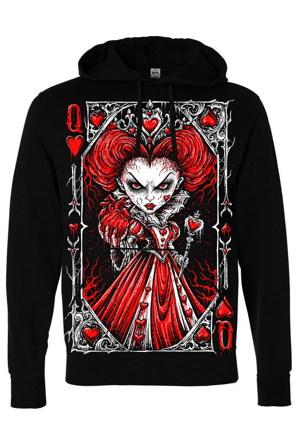 VampireFreaks black gothic pullover hoodie with sinister queen of hearts artwork red hearts and dark fantasy horror design