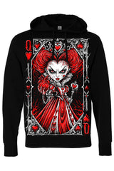 VampireFreaks black gothic pullover hoodie with sinister queen of hearts artwork red hearts and dark fantasy horror design