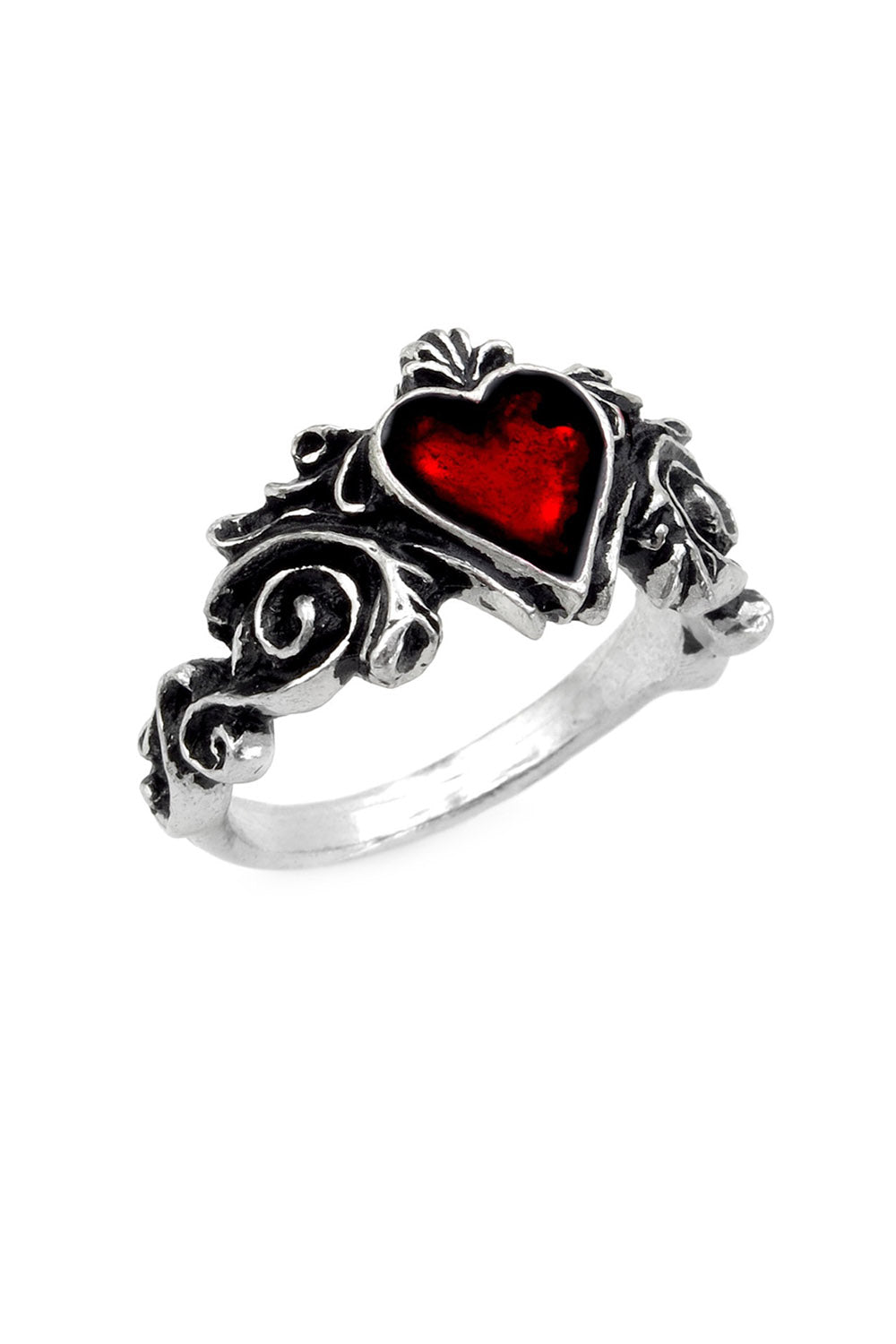 red heart enamel gothic silver ring