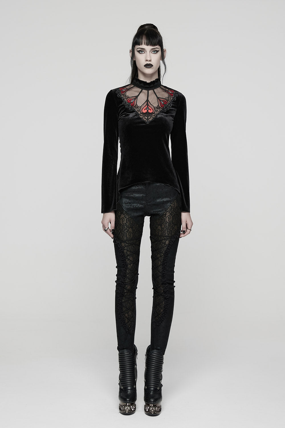 high collar victorian flared long sleeve black velvet top