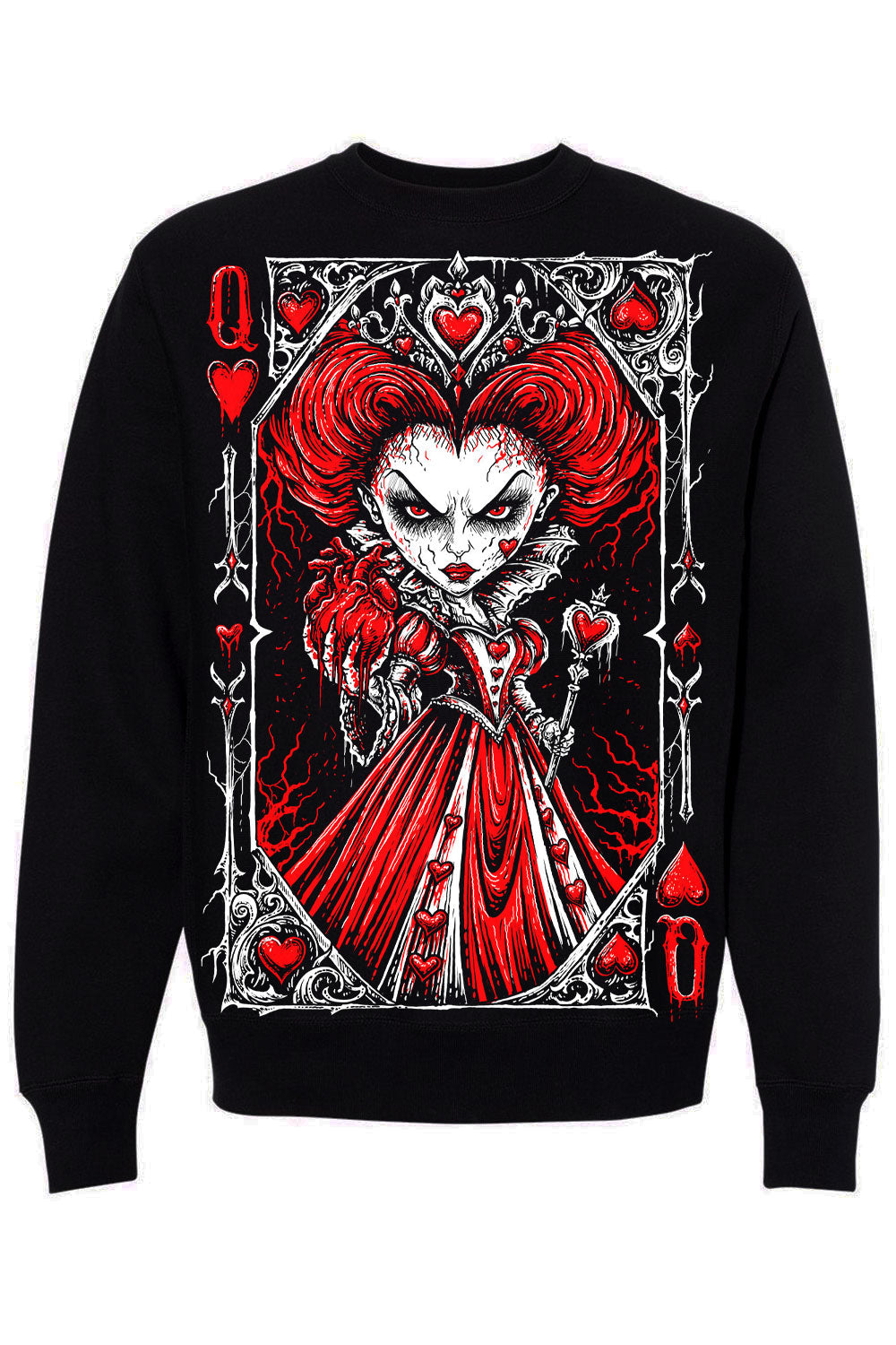 VampireFreaks Queen of Hearts card dark Alice in Wonderland red and white artwork  on black sweatshirt punk emo gothic style