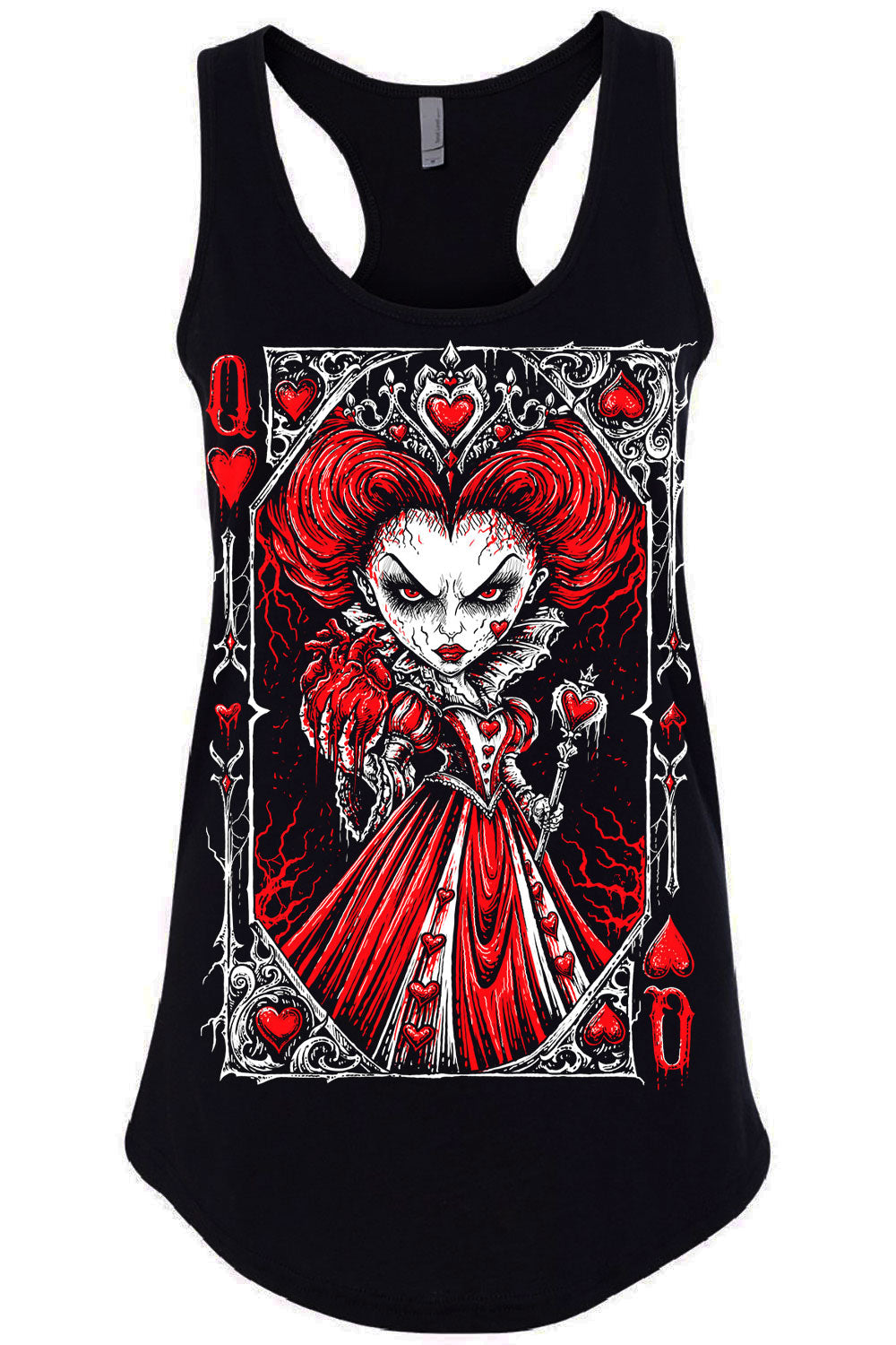 womens black gothic queen of hearts racerback tank top with creepy red queen graphic and dark alternative style