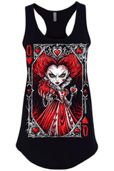 womens black gothic queen of hearts racerback tank top with creepy red queen graphic and dark alternative style