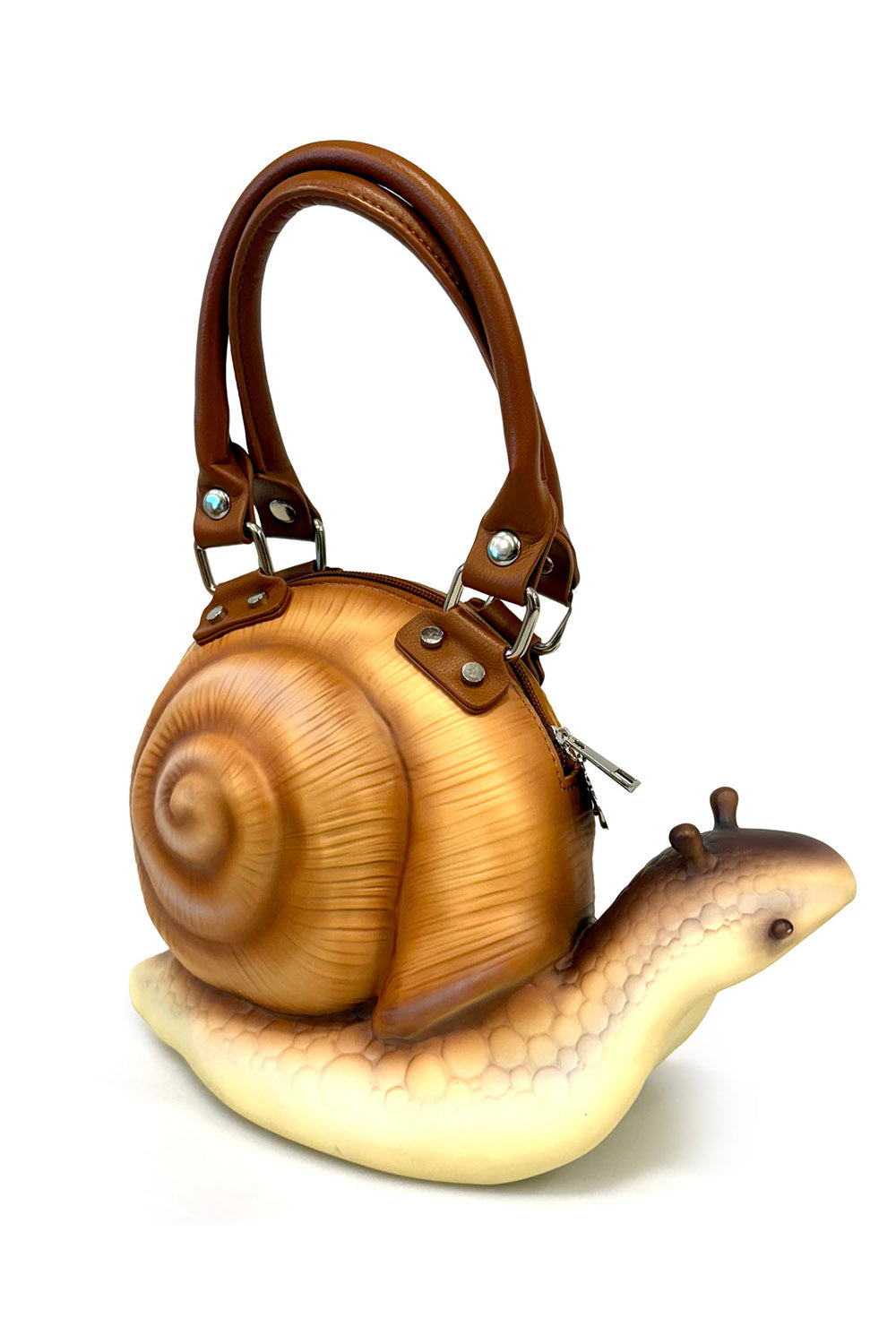 Snail-shaped handbag with a brown handle on a white background