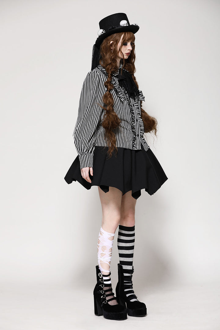 womens ruffled dark striped grey and black long sleeve top 