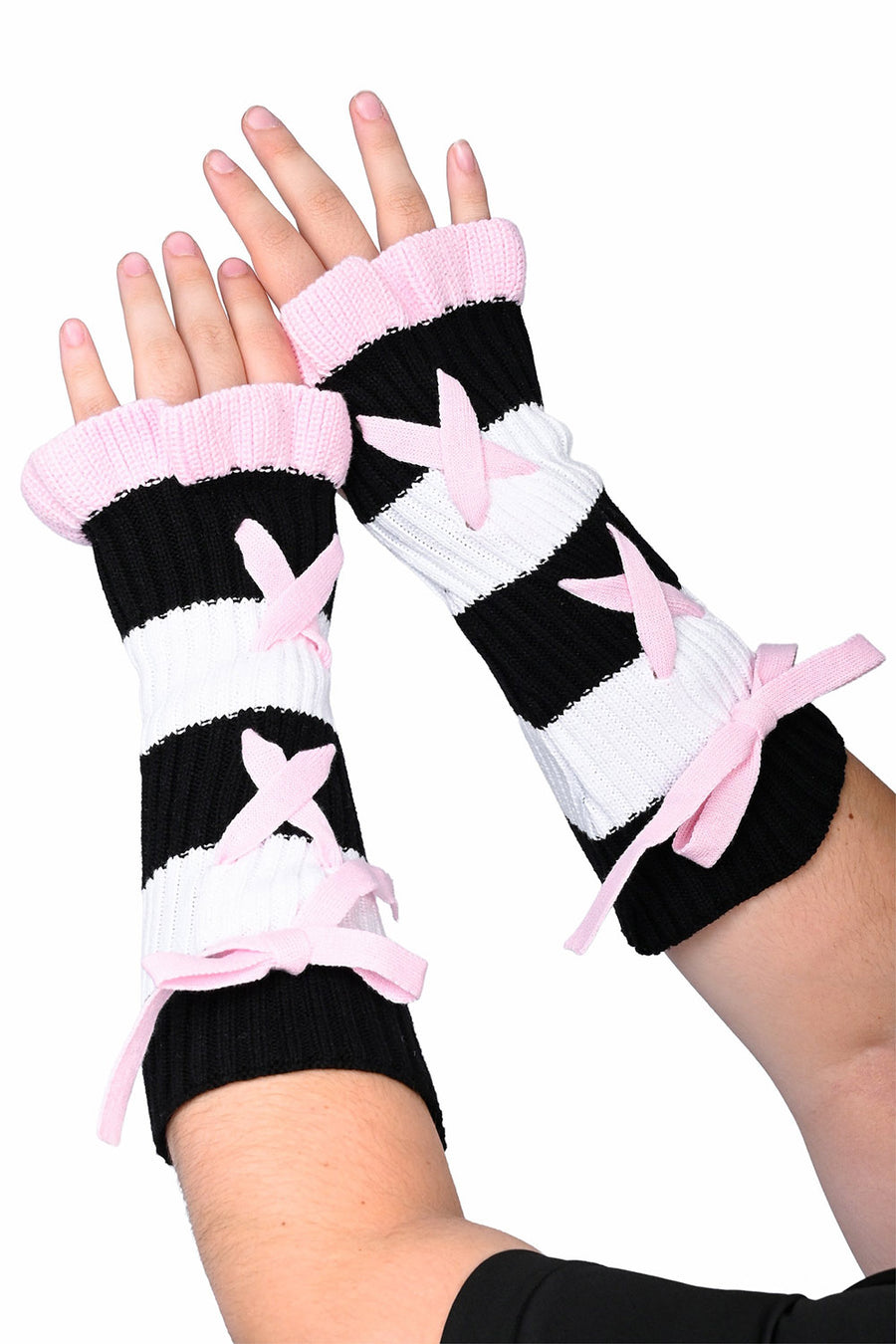 Black and white striped fingerless gloves with pink bows on a white background