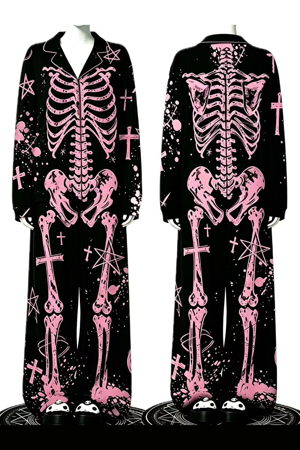 printed weird pastel pink and black gothic skeleton pajamas set
