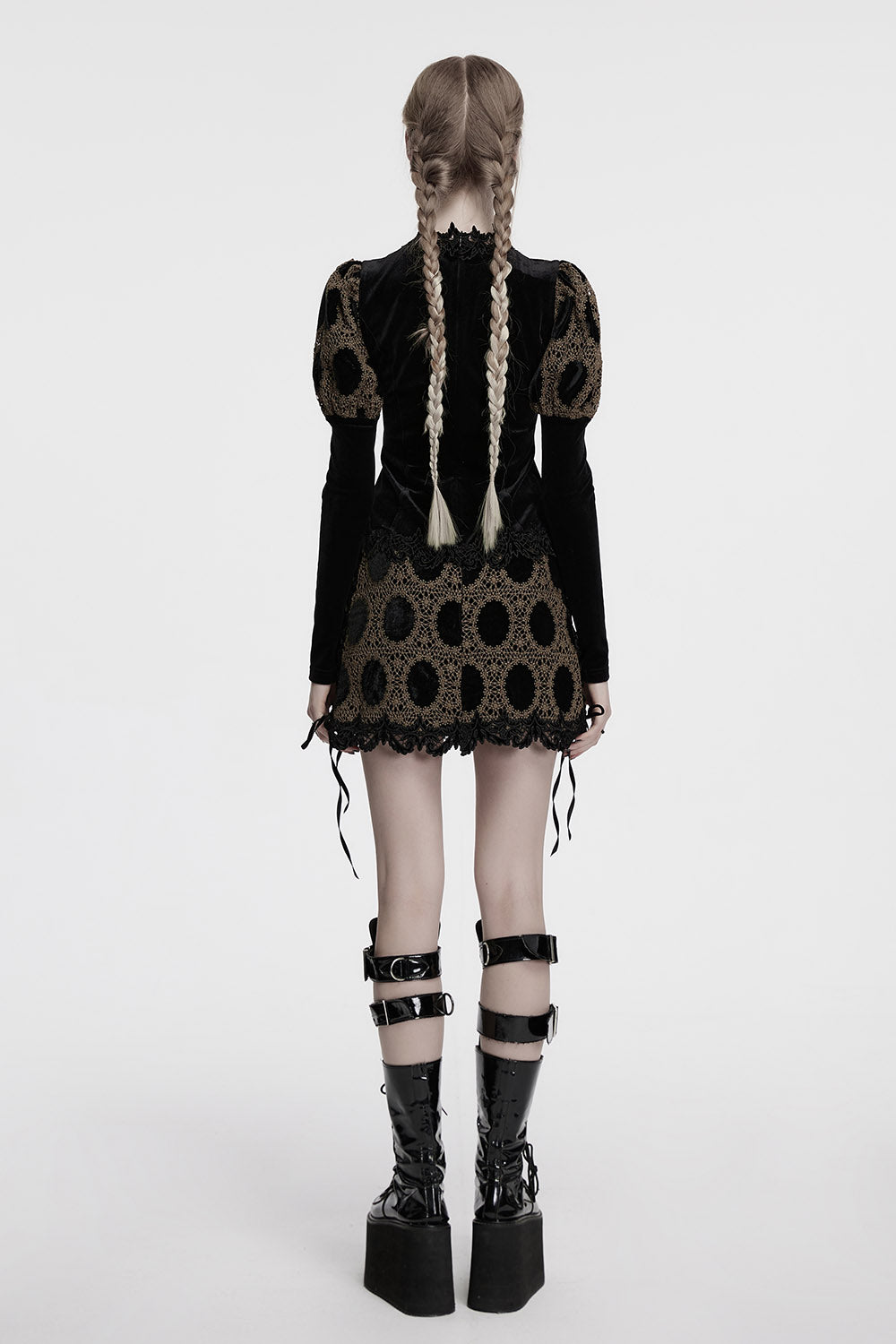 velvet puff shoulder long sleeve lace top