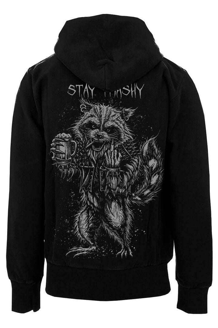 funny dark humor raccoon meme hoodie jacket of a trash panda drinking beer and smoking 