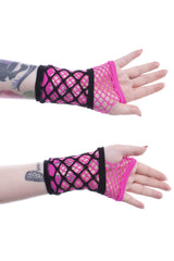 grunge goth pink gloves with black fishnet