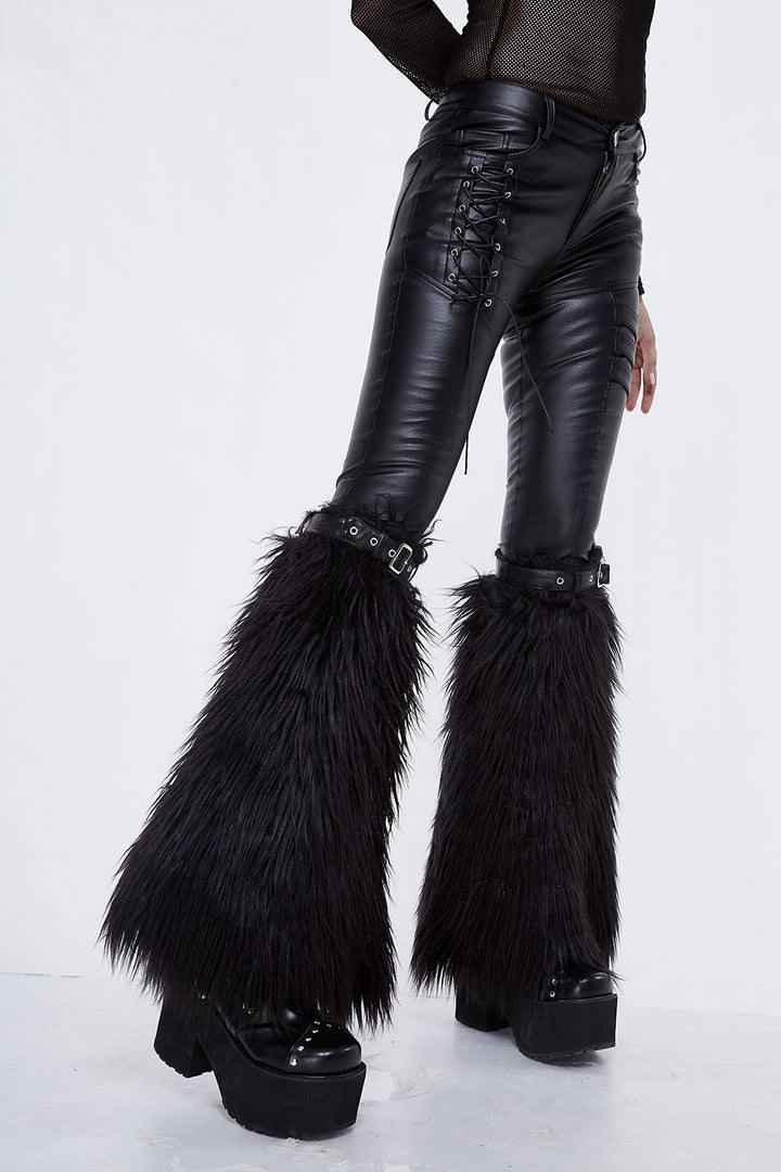 faux fur leg warmers with vegan leather buckle straps