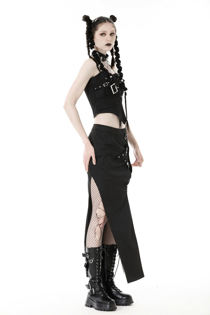 black maxi skirt with leg cutouts